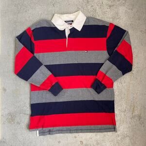 Vintage Y2K Tommy Hilfiger Rugby Polo Shirt Red Stripe Long Sleeve